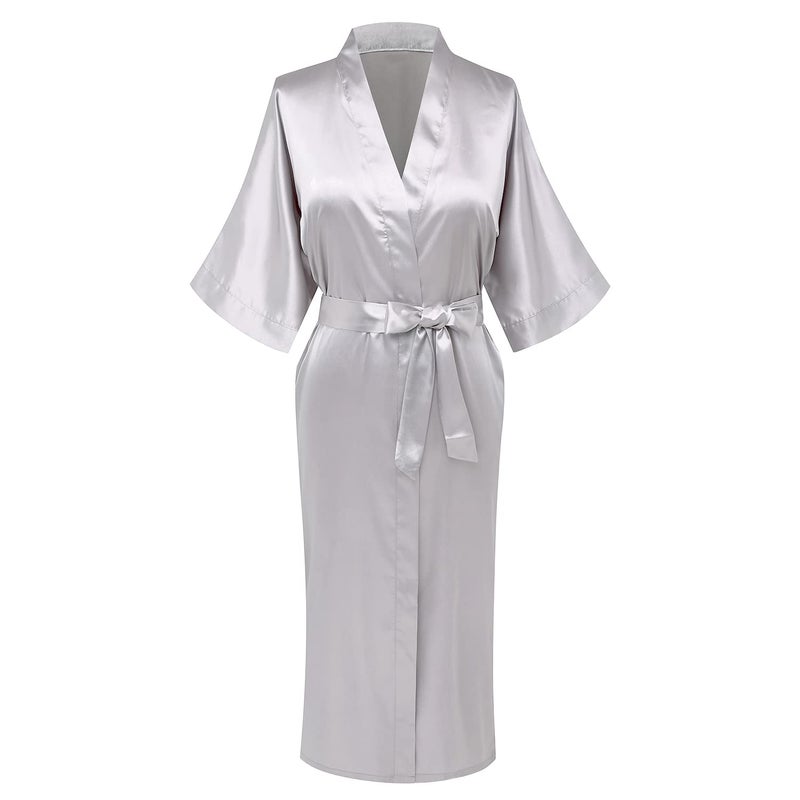 sunshinemall Women's Bridal Party Long Satin Bathrobe Kimono Nightgown Wedding Day Long Dress Gown - Image 1